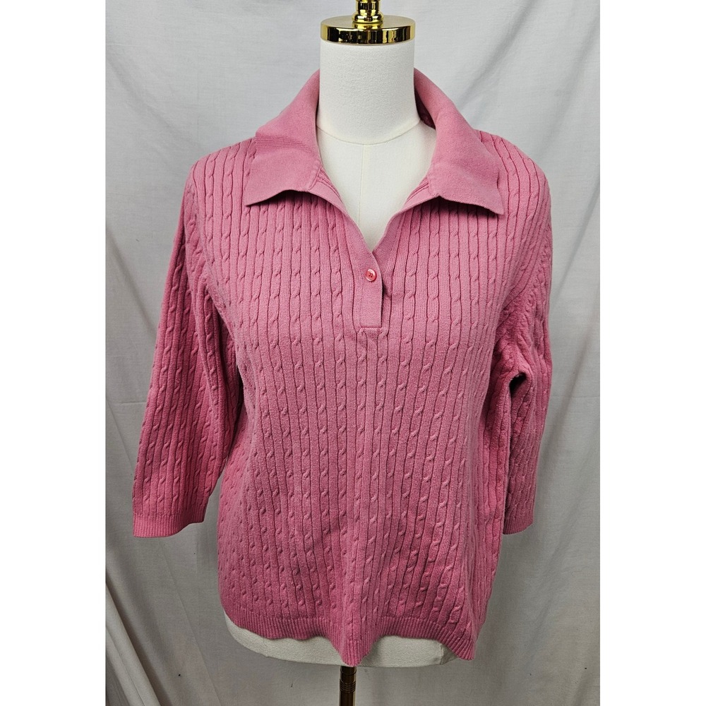 White Stag Pink Cable Knit Polo Sweater Womens XL 16/18‎ 3/4 Sleeve Grandmacore